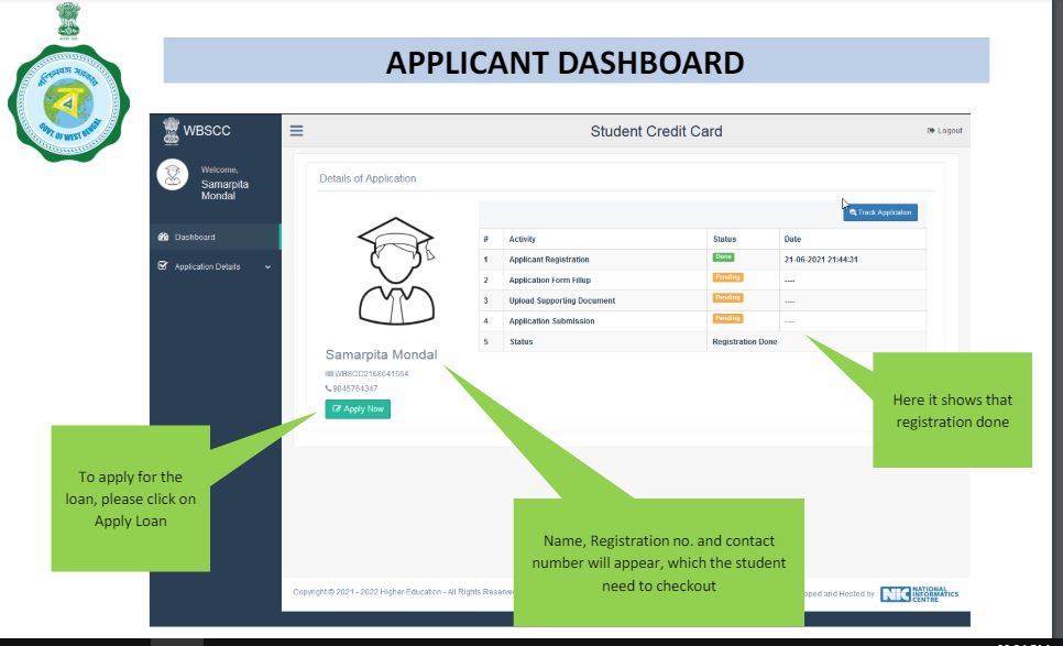 Application Dashboard West Bengal Student Credit Card