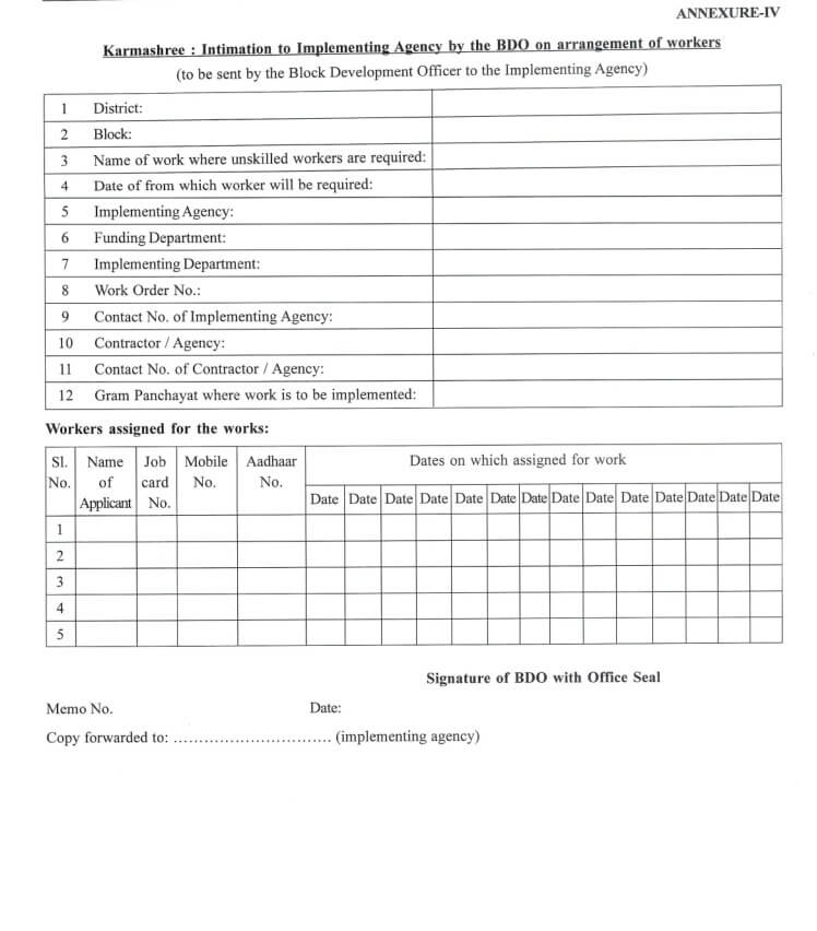 Karmashree: Intimation to Implementing Agency by the BDO on arrangement of Workers