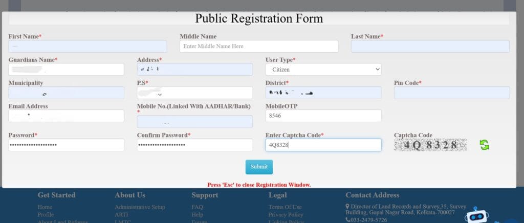 Banglarbhumi portal public Registration form