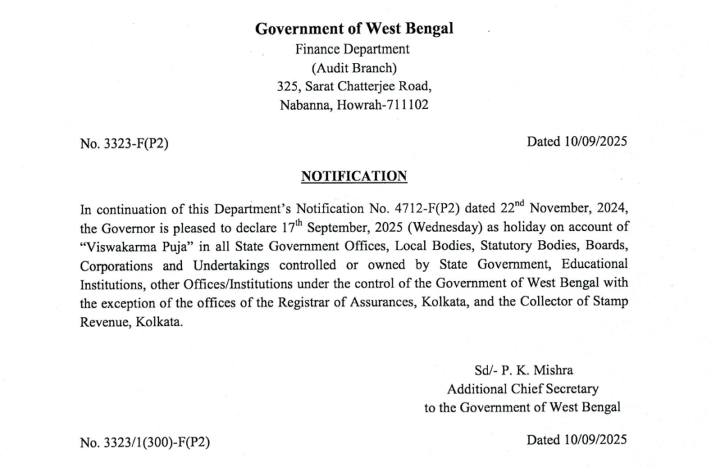 Government of West Bengal Declares Holiday on Viswakarma Puja