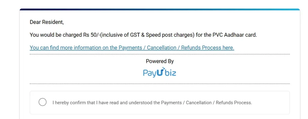 Adhar PVC Order payment page